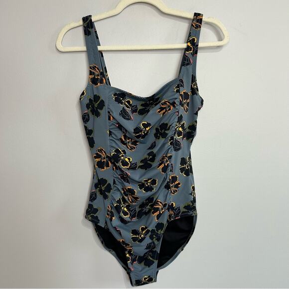Garnet Hill Blue Gray Floral One Piece Ruched Swimsuit Women’s Size 10 - Picture 1 of 6